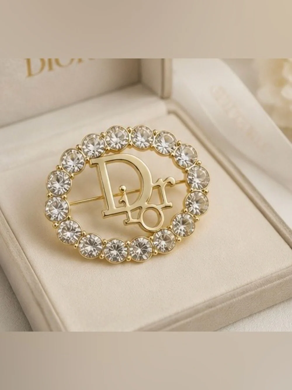 Gold Tone Rhinestone Logo Style Statement Brooch Pin